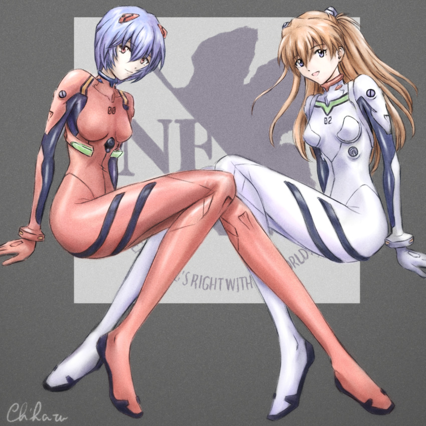 2girls alternate_color ayanami_rei blue_eyes blue_hair bodysuit breasts brown_hair chiharueva color_switch highres interface_headset logo long_hair medium_breasts multiple_girls neon_genesis_evangelion nerv pilot_suit plugsuit red_bodysuit red_eyes short_hair signature sitting souryuu_asuka_langley two_side_up white_bodysuit