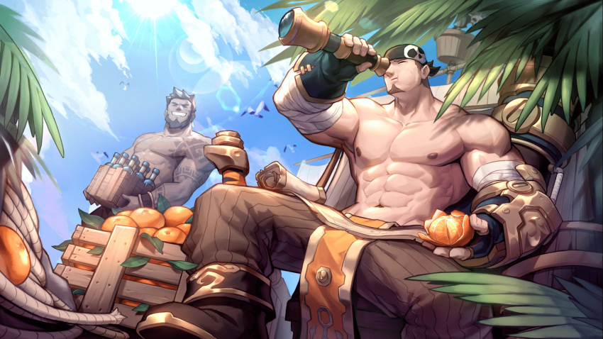 2boys abs alcohol arm_tattoo armpits artist_request bandaged_arm bandages bandana bara beard biceps billy_(gyee) billy_sp bird black_hair boots bottle box canons character_request closed_eyes cloud cloudy_sky facial_hair fingerless_gloves flag flying flying_animal food fruit gloves gyee highres large_pectorals leather leather_boots loincloth looking_at_another male_focus mandarin_orange manly mature_male multiple_boys muscular muscular_male nipples official_art outdoors palm_tree pants pectorals rope ship short_hair sitting sky smile spiked_hair tattoo teeth thick_arms thick_eyebrows topless_male tree watercraft wine wine_bottle wristband