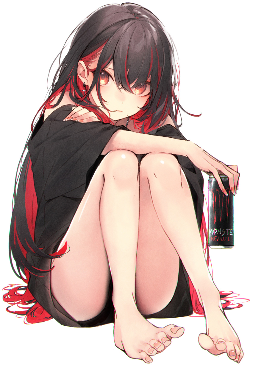 1girl absurdres bangs bare_legs barefoot black_hair black_shirt chain_necklace cross crossed_bangs ear_piercing earrings energy_drink hair_behind_ear highres jewelry kuwashima_rein long_hair monster_energy multicolored_hair nail_polish necklace original piercing red_eyes red_hair shirt short_sleeves sitting white_background