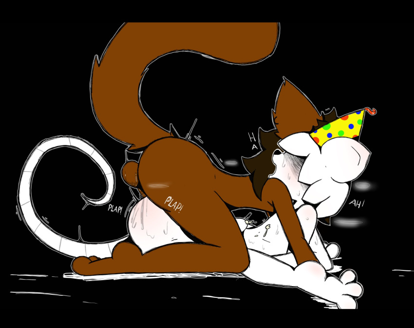 adumbkobold anal anthro birthday birthday_hat birthday_sex canid canine canis domestic_dog duo from_front_position funny_gay_rat hair hair_over_eyes hi_res hidden_eyes long_hair male male/male mammal mating_press murid murine rat rodent sex simple_background tail_curl