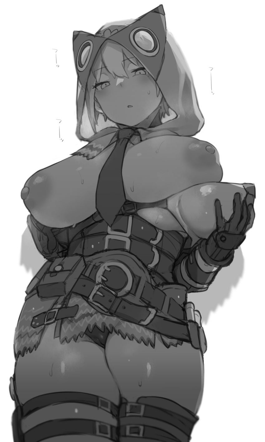 1girl absurdres belt breasts breasts_out collagen gloves highres hood hood_up large_breasts monochrome monster_hunter_(series) multiple_belts necktie pukei-pukei_(armor) short_hair solo standing sweat thigh_strap thighs