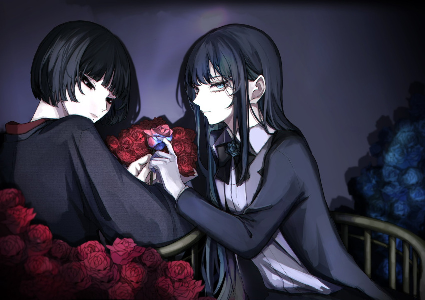 aqua_hair bangs black_bow black_eyes black_hair blue_eyes blue_flower blue_hair blue_rose blunt_bangs bow chair closed_mouth ewkkyorhr_(orihara) eyelashes flower gloves highres holding holding_flower long_hair looking_at_viewer mole mole_under_mouth multicolored_hair original red_flower red_rose rose short_hair sitting slit_pupils two-tone_hair white_gloves