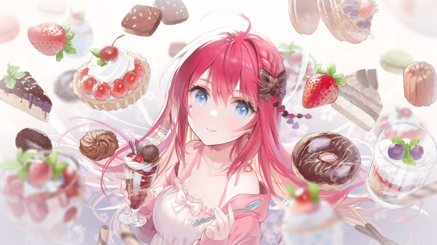 1girl ahoge bangs bare_shoulders blue_eyes bow braid brown_bow cake collarbone food fruit hair_between_eyes hair_bow hanasaki_kureha highres indie_virtual_youtuber jacket long_hair pink_hair red_jacket ritsuki smile solo strawberry strawberry_cake virtual_youtuber white_bow