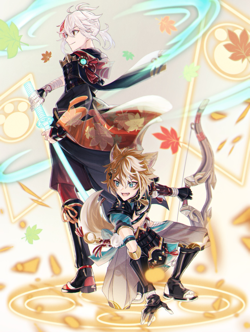 2boys :d absurdres animal_ears antenna_hair aqua_eyes armor bandaged_arm bandages bangs black_collar black_footwear black_gloves black_scarf bow_(weapon) brown_hair brown_shorts closed_mouth collar commentary_request crop_top dog_boy dog_ears dog_tail energy energy_sword eyeshadow falling_leaves fang fighting_stance fingerless_gloves full_body genshin_impact gloves gold_trim gorou_(genshin_impact) grey_background grey_pants hair_between_eyes hair_ornament hakama hakama_pants hakama_shorts highres holding holding_bow_(weapon) holding_sword holding_weapon igote japanese_armor japanese_clothes kaedehara_kazuha leaf leaf_print long_sleeves looking_away looking_to_the_side low_ponytail makeup male_focus maple_leaf_print medium_hair midriff mizuamememe multicolored_hair multiple_boys open_mouth pants pantyhose paw_print pom_pom_(clothes) ponytail profile red_eyes red_eyeshadow red_hair red_pantyhose rope scarf sheath short_hair short_sleeves shorts shoulder_armor sidelocks slashing smile sode squatting standing stomach streaked_hair sword tail tassel thick_eyebrows two-tone_hair unsheathing v-shaped_eyebrows vambraces vision_(genshin_impact) weapon white_hair wide_sleeves