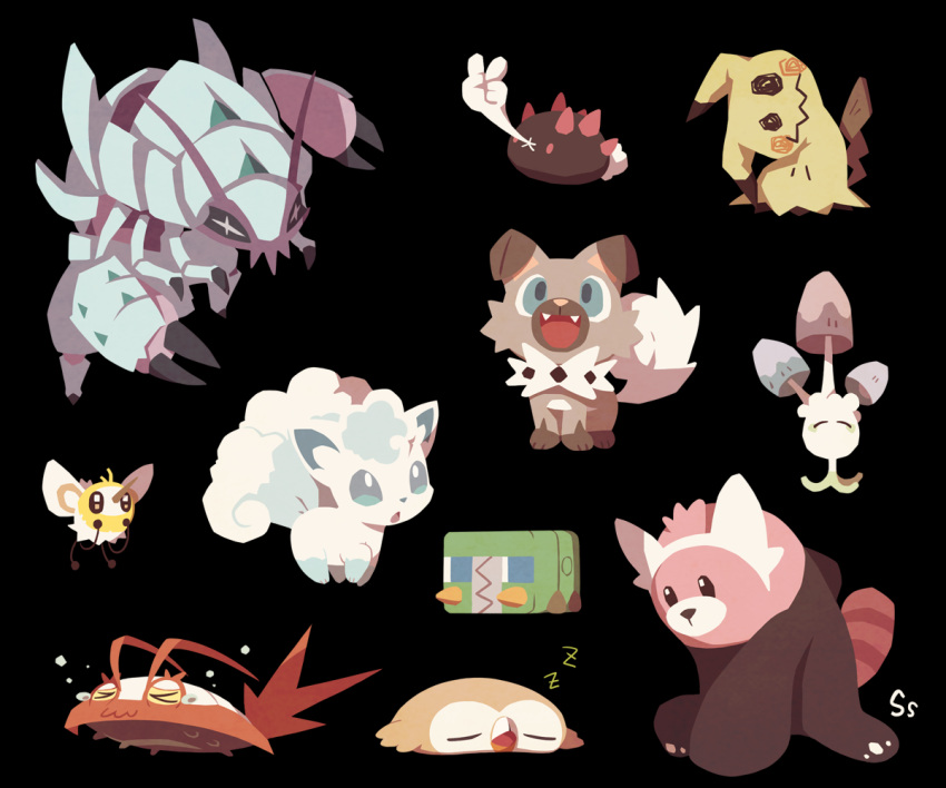 &gt;_&lt; +_+ :d :o alolan_vulpix bewear black_background charjabug claws closed_mouth commentary cutiefly fangs golisopod looking_up mimikyu morelull open_mouth pokemon pyukumuku rockruff rowlet simple_background sleeping smile ssalbulre tongue v wimpod zzz