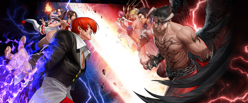 alisa_boskonovich black_hair blonde_hair brown_hair chain claws dark_persona demon_boy devil_jin dougi fighting_game fire folded_fan folding_fan hand_fan highres horns hwoarang_(tekken) kusanagi_kyou namco nina_williams official_art orochi_iori purple_fire pyrokinesis red_hair shiranui_mai snk tekken tekken_7 the_king_of_fighters the_king_of_fighters_'97 the_king_of_fighters_all-stars topless_male wings yagami_iori yellow_eyes yuri_sakazaki