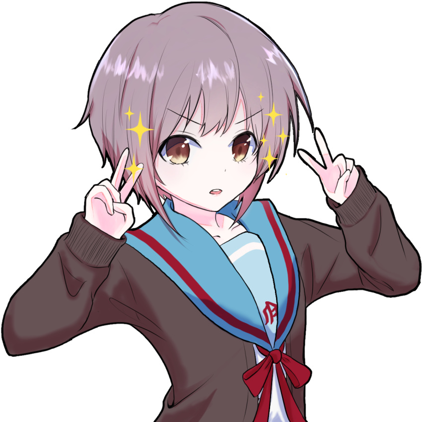 1girl bangs blue_sailor_collar brown_cardigan brown_eyes cardigan collarbone commentary_request double_v eequal_mc2 highres kita_high_school_uniform long_sleeves looking_at_viewer nagato_yuki open_cardigan open_clothes open_mouth purple_hair red_ribbon ribbon sailor_collar school_uniform serafuku short_hair simple_background solo sparkle suzumiya_haruhi_no_yuuutsu v white_background