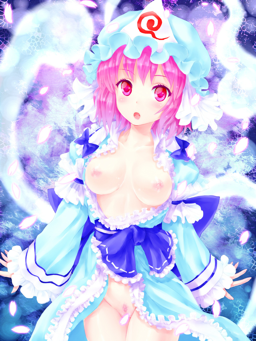 bad_id bad_pixiv_id breasts cabbaco censored cherry_blossoms convenient_censoring ghost groin hat highres large_breasts nipples no_bra no_panties open_clothes petals pink_hair pubic_hair red_eyes saigyouji_yuyuko short_hair solo touhou