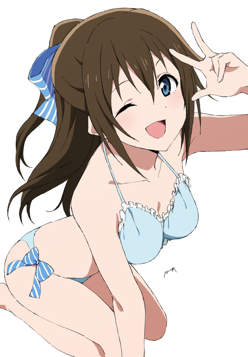 1girl ;d artist_name bikini blue_bikini blue_bow blush bow bow_bikini breasts cleavage collarbone commentary_request frilled_bikini frills full_body hair_bow half_updo highres looking_at_viewer love_live! love_live!_nijigasaki_high_school_idol_club medium_breasts nagi_mkrnpn official_alternate_costume one_eye_closed open_mouth osaka_shizuku osaka_shizuku_(odaiba_beach_girl) ponytail simple_background smile solo swimsuit w white_background