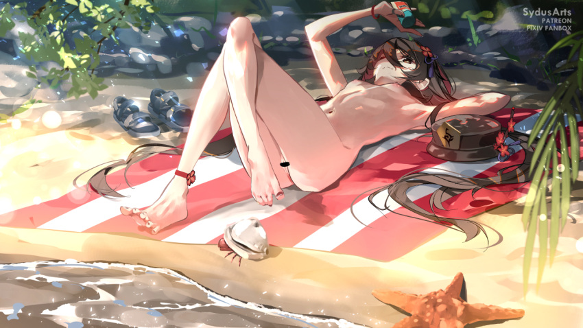 1girl anklet bangs bar_censor beach black_hair black_nails bottle breasts brown_eyes censored closed_mouth completely_nude crossed_legs day flower genshin_impact hair_between_eyes hat hat_flower hat_removed headwear_removed hermit_crab holding holding_bottle hu_tao_(genshin_impact) jewelry knees_up legs long_hair lotion lying nail_polish navel nipples nude on_back one_eye_closed outdoors plum_blossoms pussy ring sand sandals shoes shoes_removed small_breasts solo starfish stomach sunscreen sydus thighs toenail_polish toenails twintails very_long_hair