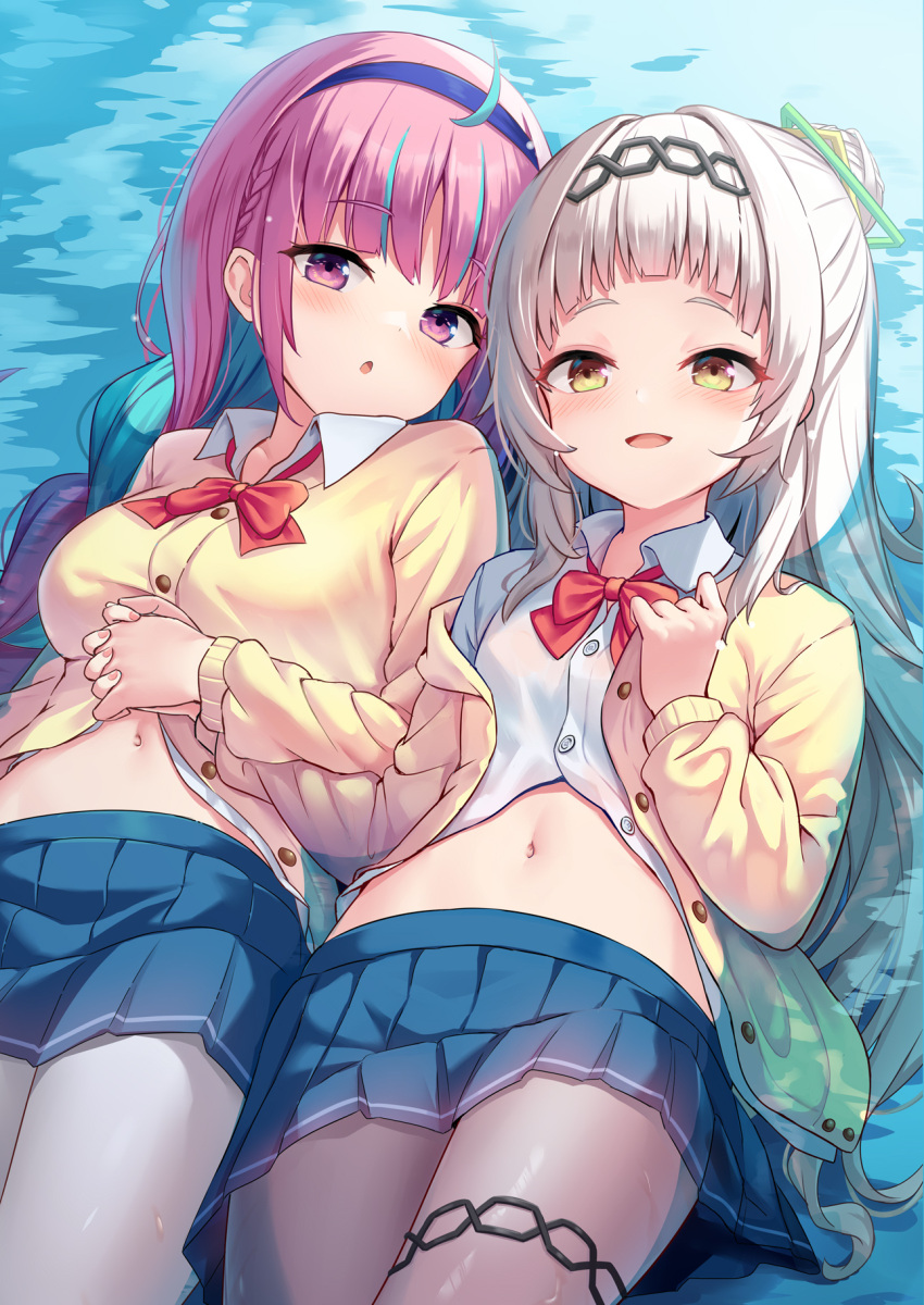 2girls :o ahoge bangs blue_hairband blue_skirt blunt_bangs blush bow bowtie braid breasts colored_inner_hair grey_hair hair_bun hair_ornament hairband hand_on_own_chest highres holding_hands hololive jacket large_breasts light_blue_hair long_hair long_sleeves looking_at_viewer lying midriff minato_aqua miniskirt multicolored_hair multiple_girls murasaki_shion navel on_back open_clothes open_jacket open_mouth pantyhose partially_submerged partially_unbuttoned pink_hair pleated_skirt puffy_long_sleeves puffy_sleeves purple_eyes school_uniform shimokirin shirt sidelocks single_hair_bun single_side_bun skirt small_breasts smile streaked_hair thigh_strap thighlet two-tone_hair virtual_youtuber water white_pantyhose white_shirt yellow_eyes