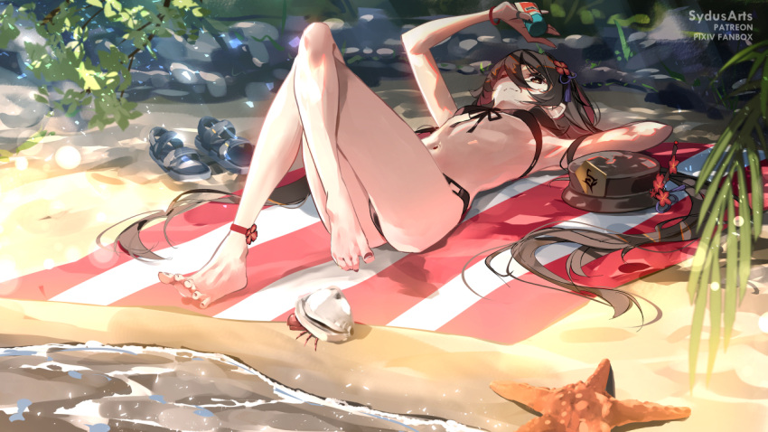 1girl anklet bangs beach bikini black_bikini black_hair black_nails bottle breasts brown_eyes closed_mouth crossed_legs day flower genshin_impact hair_between_eyes hat hat_flower hat_removed headwear_removed hermit_crab holding holding_bottle hu_tao_(genshin_impact) jewelry knees_up legs long_hair lotion lying nail_polish navel on_back one_eye_closed outdoors plum_blossoms ring sand sandals shoes shoes_removed small_breasts solo starfish stomach sunscreen swimsuit sydus thighs toenail_polish toenails twintails very_long_hair