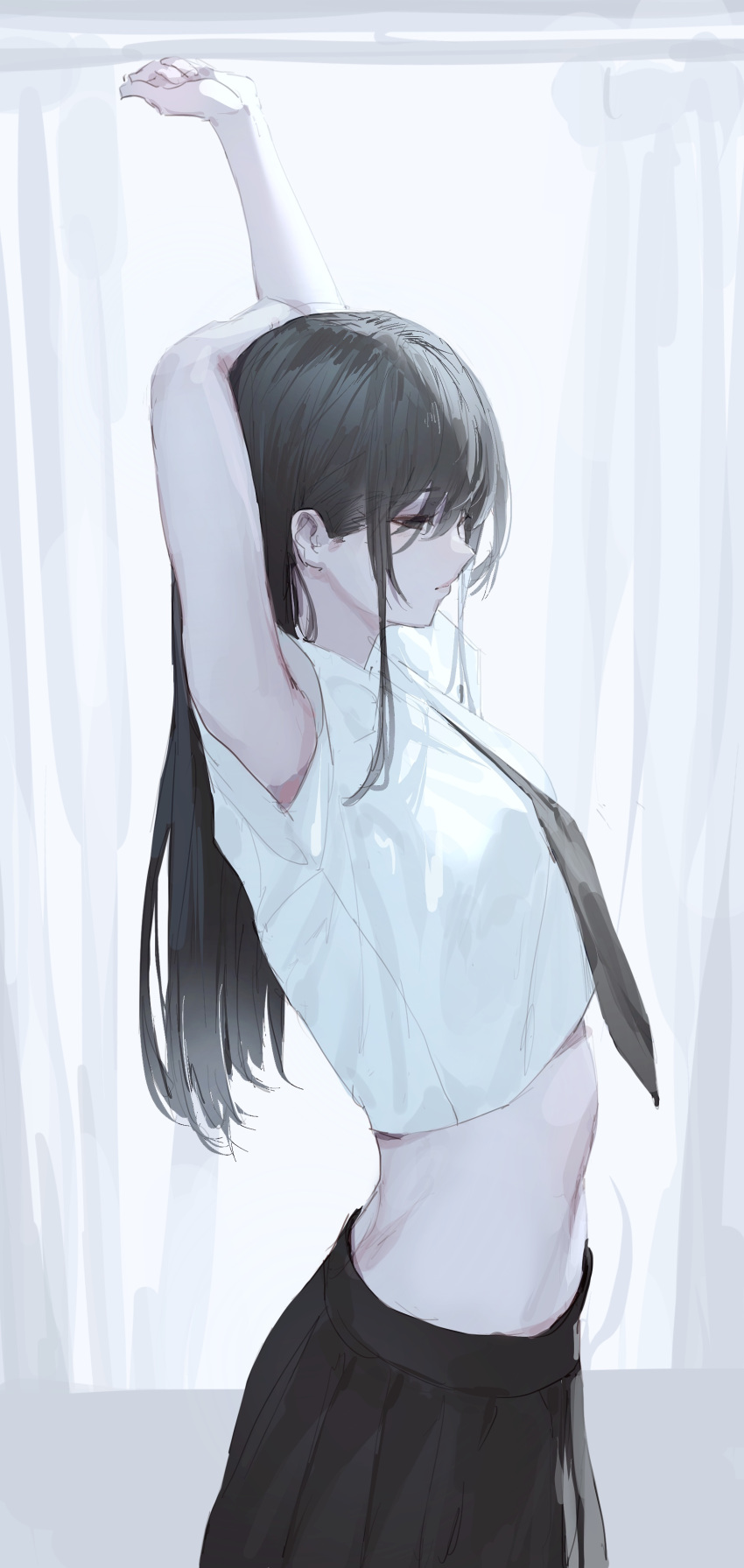 1girl absurdres arm_behind_head arms_up bare_arms black_necktie black_skirt closed_mouth commentary crop_top day english_commentary erospanda from_side highres midriff necktie original pleated_skirt profile shirt skirt sleeveless sleeveless_shirt solo sunlight white_shirt window