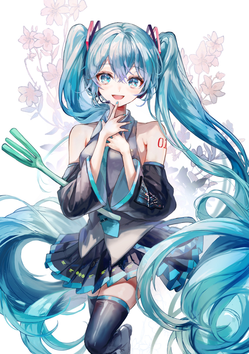 1girl absurdres aqua_eyes aqua_hair aqua_nails aqua_necktie bangs bare_shoulders black_footwear boots hair_between_eyes hatsune_miku highres laughing long_hair nail_polish necktie pipi pleated_skirt shirt skirt sleeveless sleeveless_shirt thigh_boots twintails very_long_hair vocaloid white_shirt