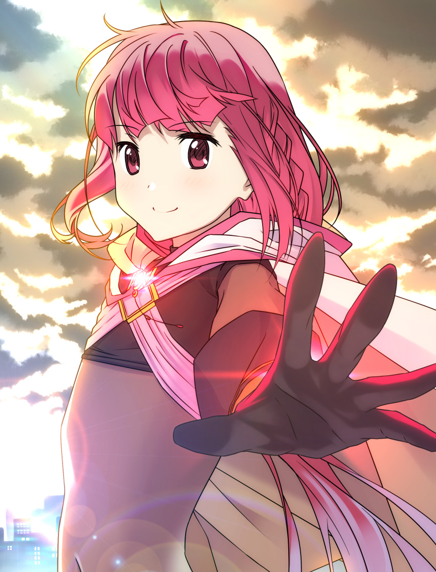 bangs braid breasts cloak cloud covered_navel day gloves highres hood hooded_cloak long_hair magia_record:_mahou_shoujo_madoka_magica_gaiden mahou_shoujo_madoka_magica outdoors pink_hair red_eyes small_breasts smile tamaki_iroha tapiokaesi upper_body white_cloak