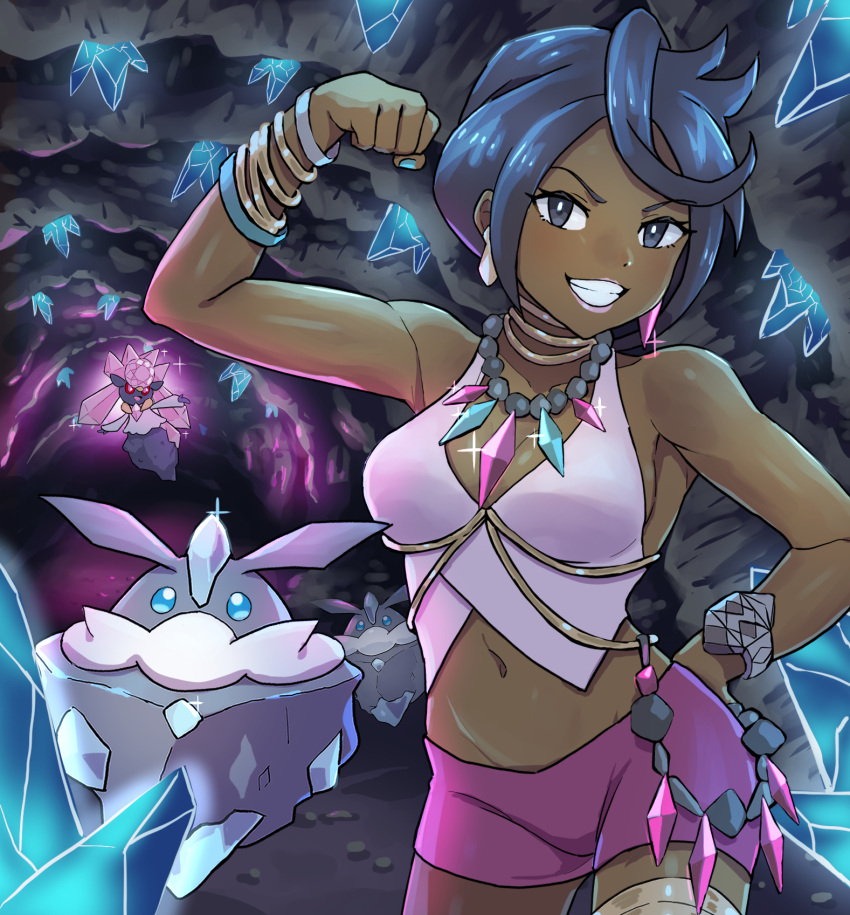 1girl aqua_nails bangle bangs bead_necklace beads black_eyes black_hair bracelet breasts bright_pupils carbink cave_interior cleavage clenched_hand commentary_request crop_top crystal dark-skinned_female dark_skin diamond_(shape) diancie earrings flexing gem grin hand_on_hip highres jewelry nail_polish navel neck_ring necklace olivia_(pokemon) pink_lips pink_shirt pokemon pokemon_(creature) pokemon_(game) pokemon_sm pose purple_shorts shirt short_hair short_shorts shorts sideboob sleeveless smile swept_bangs teeth urin_(littleurin)