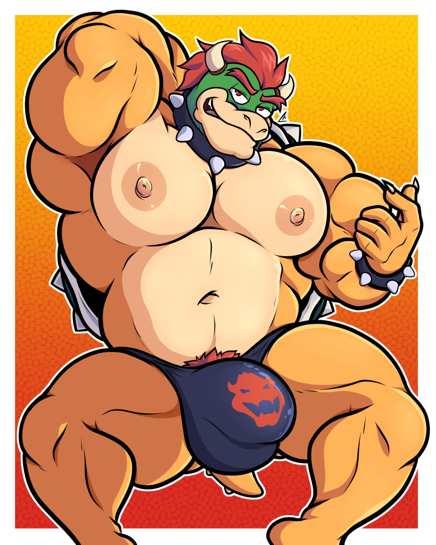 2022 absurd_res albertcrow anthro barazoku beckoning biceps big_bulge big_muscles border bowser bracelet bulge claws clothing collar eyebrows gesture gradient_background hair hand_behind_head hi_res horn huge_bulge huge_muscles jewelry koopa looking_at_viewer male mario_bros muscular muscular_anthro muscular_male narrowed_eyes navel nintendo nipples non-mammal_nipples obliques orange_background pecs pubes scalie shell simple_background sitting smile smirk solo spiked_bracelet spiked_collar spiked_shell spiked_tail spikes spikes_(anatomy) teeth thick_thighs thong triceps underwear video_games white_border