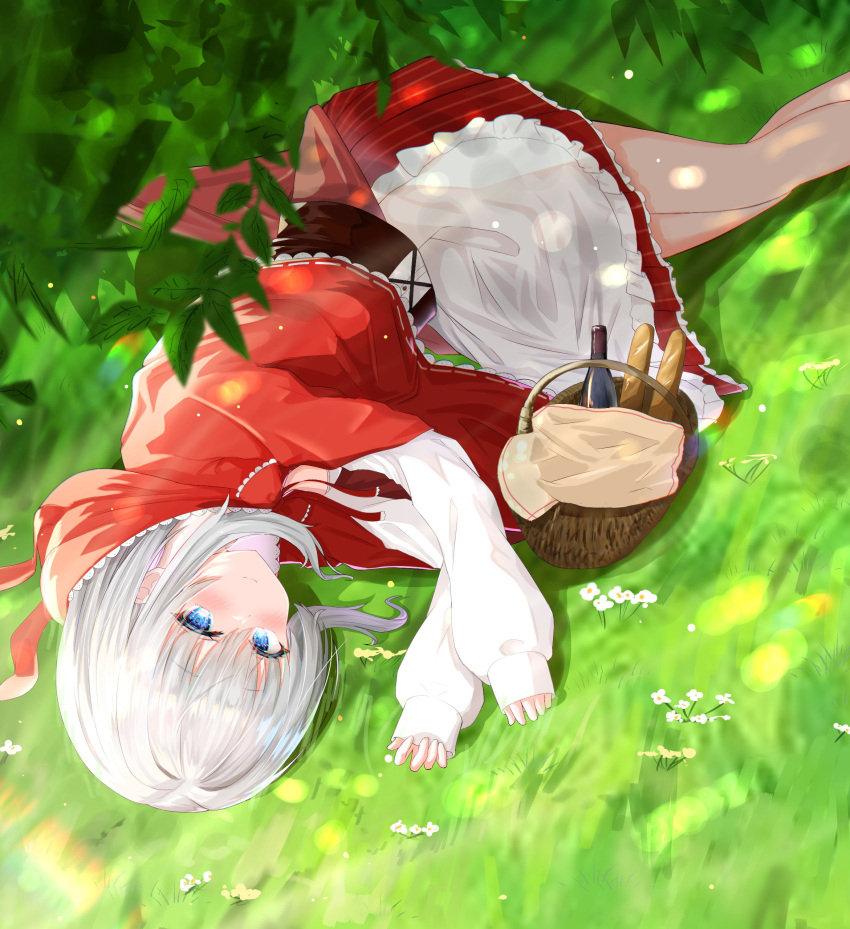 1girl absurdres aki_uzuki3 apron baguette blue_eyes bottle bread cape capelet food frilled_skirt frills highres hood hooded_cape hooded_capelet little_red_riding_hood little_red_riding_hood_(grimm) long_sleeves lying on_ground on_side original picnic_basket puffy_long_sleeves puffy_sleeves red_cape red_skirt skirt smile white_hair