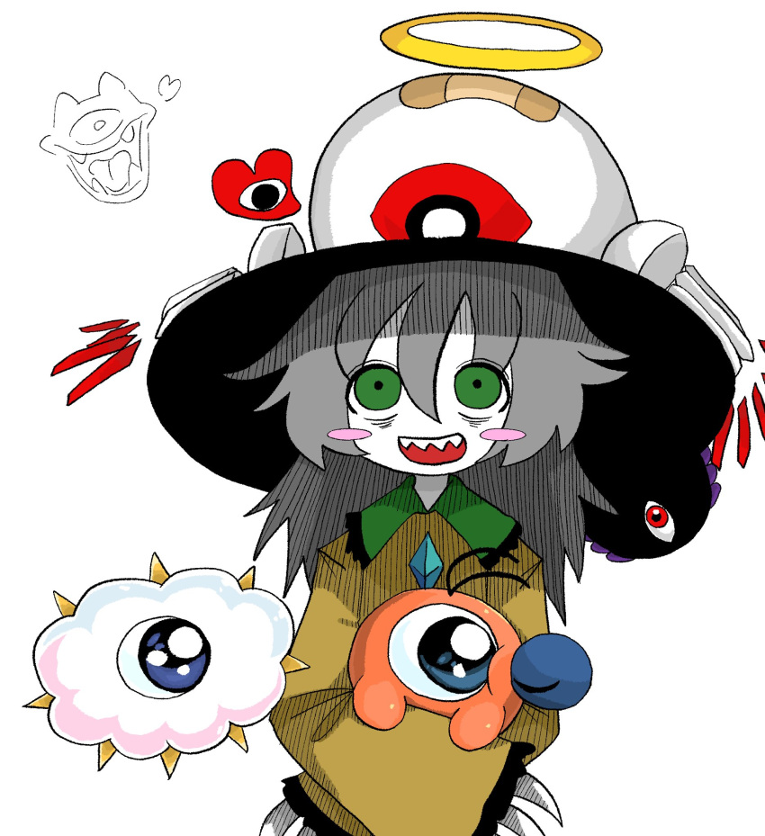 bags_under_eyes black_headwear blush buttons dark_matter diamond_(shape) diamond_button fingernails green_eyes green_skirt hat heart highres kirby_(series) kirby_64 koishi_komeiji's_heart-throbbing_adventure komeiji_koishi pale_skin ribbon sharp_fingernails sharp_teeth shirt simple_background skirt smile teeth third_eye touhou waddle_doo white_background wings zero_two_(kirby) zunusama