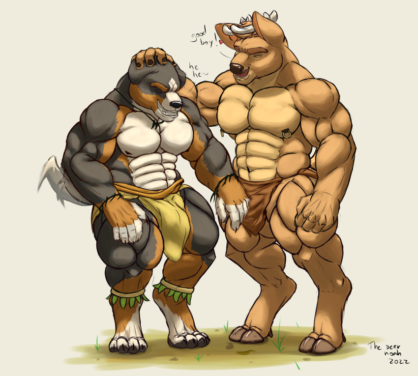 absurd_res alex_(thedeernoah) anthro appenzeller_mountain_dog barazoku big_muscles big_pecs bottomwear canid canine canis capreoline cervid clothed clothing dialogue domestic_dog duo hi_res loincloth male male/male mammal molosser mountain_dog muscular noah_(thedeernoah) partially_clothed pecs swiss_mountain_dog thedeernoah white-tailed_deer