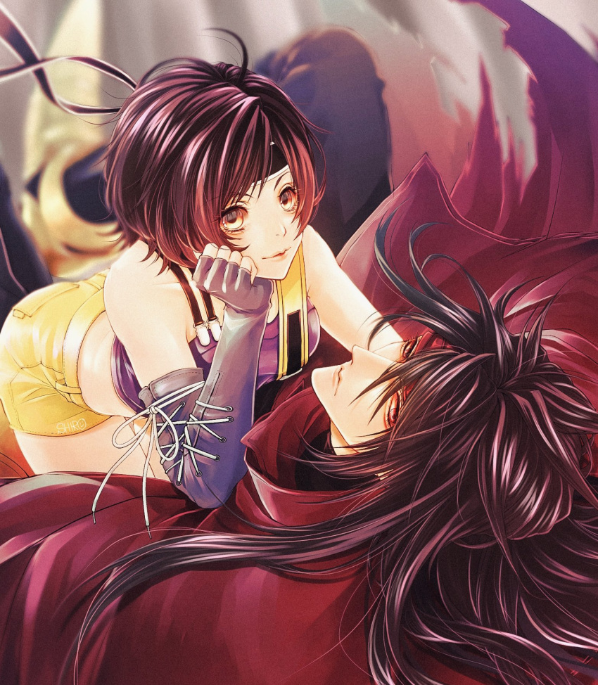 1boy 1girl bare_shoulders black_hair black_pants blue_shirt blurry blurry_background breasts cloak couple crop_top dirge_of_cerberus_final_fantasy_vii elbow_gloves final_fantasy final_fantasy_vii fingerless_gloves girl_on_top gloves hair_between_eyes head_on_hand headband high_collar highres lace-up_gloves leaning_back leaning_forward long_hair looking_at_viewer medium_breasts messy_hair metal_boots pants pointy_footwear red_cloak red_headband s_hitorigoto3 shirt short_hair shorts vincent_valentine yellow_eyes yellow_shorts yuffie_kisaragi