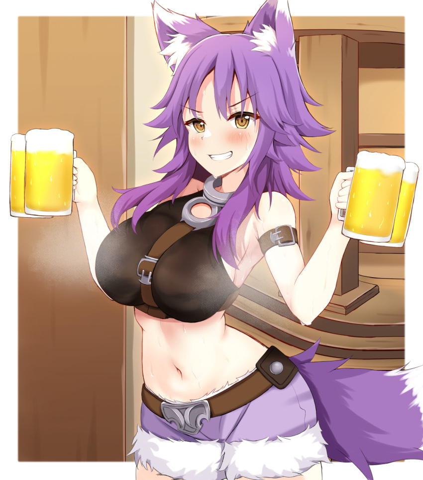 1girl alcohol animal_ear_fluff animal_ears arm_belt bangs bare_shoulders beer beer_mug black_shirt blush breasts chest_belt collar commentary_request cowboy_shot crop_top cup fur-trimmed_shorts fur_trim grin groin hair_between_eyes highres holding holding_cup indoors large_breasts long_hair looking_at_viewer makoto_(princess_connect!) metal_collar midriff mug navel princess_connect! purple_hair purple_shorts shirt short_shorts shorts sidelocks sleeveless smile solo standing steam sweat tail teeth turbine_guruguru wolf_ears wolf_girl wolf_tail yellow_eyes