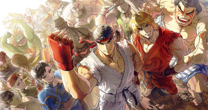 2girls 6+boys akuma_(street_fighter) anniversary balrog_(street_fighter) beret blanka blonde_hair brown_hair cammy_white chest_hair chun-li colored_skin comb dee_jay dhalsim dougi edmond_honda everyone fei_long flexing green_skin guile hat headband highres ken_masters looking_at_viewer m_bison mohawk multiple_boys multiple_girls muscular muscular_male official_art pose ryu_(street_fighter) sagat sakutamo second-party_source street_fighter street_fighter_ii_(series) tank_top thunder_hawk topless_male vega_(street_fighter) zangief