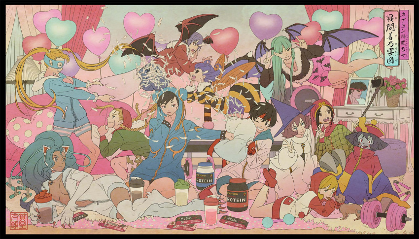 6+girls animal_ears anniversary balloon breasts bulleta cammy_white capcom cat_ears chun-li cleavage_cutout clothing_cutout crossover dumbbell feathers felicia_(vampire) harry_(vampire) hat head_wings heart_balloon highres hood hoodie jiangshi kasugano_sakura lei_lei lilith_aensland mino_tarou morrigan_aensland multiple_crossover multiple_girls official_art picture_(object) picture_frame pillow pillow_fight q-bee rainbow_mika ryu_(street_fighter) second-party_source short_shorts shorts smile street_fighter tabasa tao_(warzard) twintails vampire_(game) warzard wings witch_hat