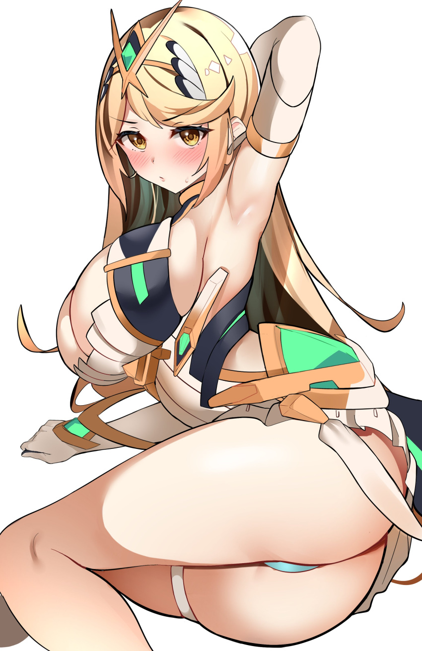 1girl absurdres arm_up armpits ass bangs blonde_hair blush breasts cleavage commentary_request elbow_gloves enishi96 gloves headpiece highres large_breasts long_hair looking_at_viewer mythra_(xenoblade) orange_eyes panties simple_background skindentation solo sweat thigh_strap tiara underwear white_background white_gloves xenoblade_chronicles_(series) xenoblade_chronicles_2