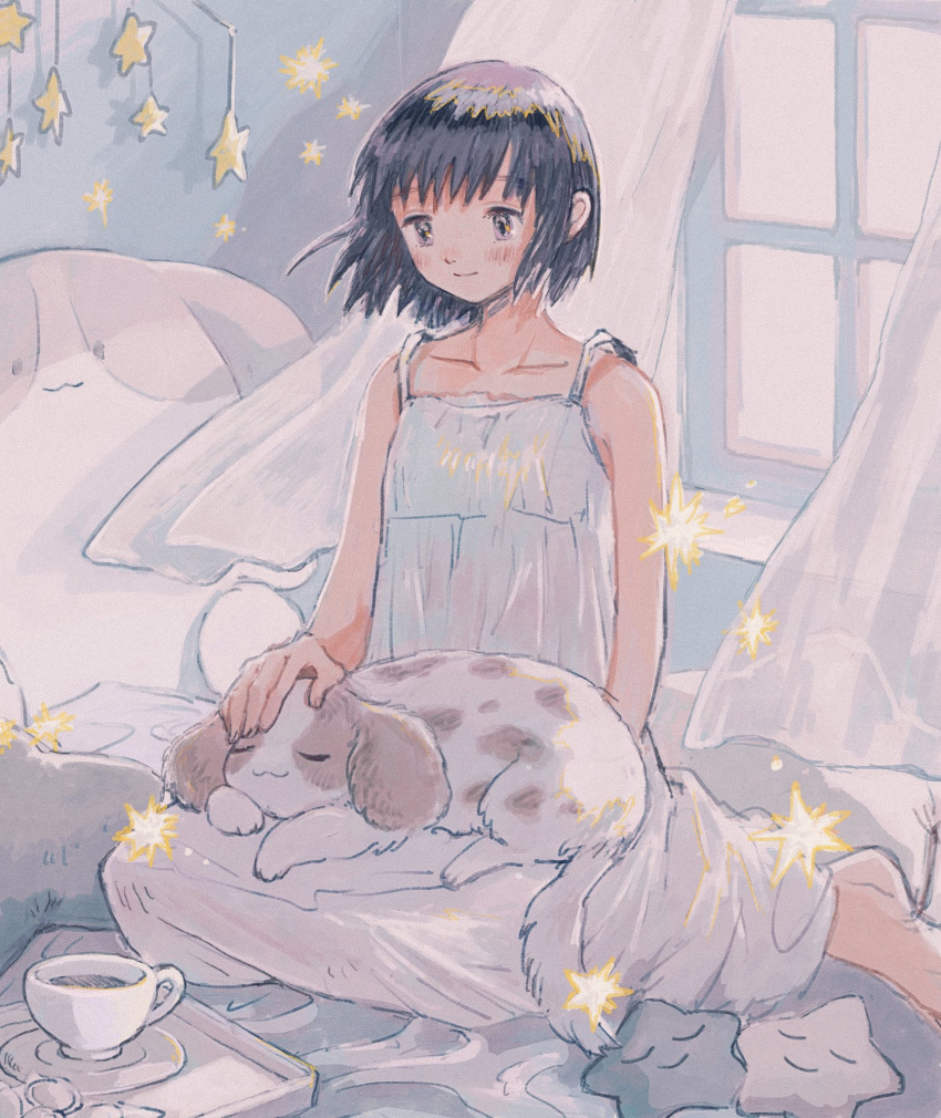 1girl bed bed_sheet black_hair brown_eyes camisole coffee coffee_cup collarbone cup curtains disposable_cup dog eokaku_surimi faux_traditional_media highres indoors light_blush light_smile looking_ahead original saucer short_hair sitting solo sparkle spotted_fur star_(symbol) star_pillow stuffed_animal stuffed_dog stuffed_toy white_camisole white_curtains window windowsill yokozuwari