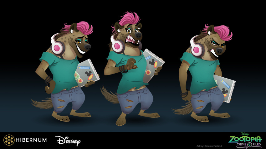 3_toes angry anthro barefoot clothed clothing computer criminal disney feet female fully_clothed gertie_(zootopia) headphones headphones_around_neck hi_res hyaenid laptop mammal model_sheet official_art plantigrade solo surprised_expression toes torn_clothing zootopia