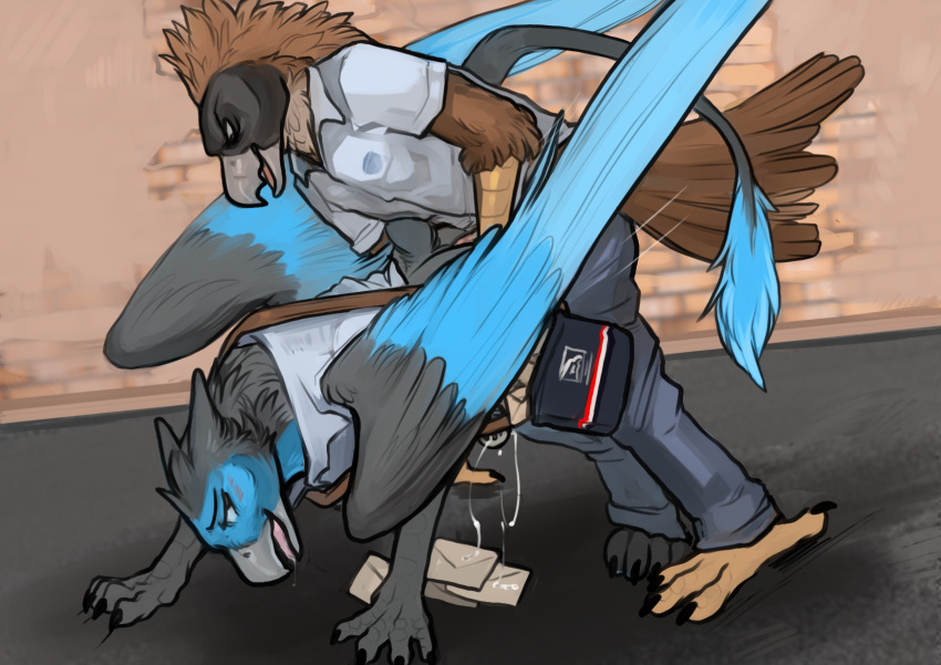 accipitrid accipitriform anal anal_penetration anthro anthro_on_feral anthro_penetrating anthro_penetrating_feral avian beak bestiality bird blue_body blue_bottomwear blue_clothing blue_feathers blue_fur blue_pants blue_shirt blue_topwear blush blush_lines bodily_fluids bottomwear brick_wall brown_body brown_feathers chastity_cage chastity_device claws clothing cum cum_on_mail cum_string cum_while_chaste cum_while_penetrated delivery_(commerce) delivery_employee drooling duo eagle ejaculation envelope eye_contact eyebrows feathered_wings feathers feral feral_penetrated fur genital_fluids grey_body grey_feathers grey_fur gryphon hi_res letter letters looking_at_another mail mailbag male male/male male_penetrated male_penetrating male_penetrating_male metal_chastity_cage motion_lines mythological_avian mythology open_mouth outside pants paws penetration penile penile_penetration penis_in_ass philippine_eagle pirate_eagle postal_carrier postal_delivery saliva saliva_on_tongue satchel scratches sex shirt tongue topwear torakuta uniform united_states_postal_service unprofessional_behavior wall_(structure) wings yellow_body zephyr_(bateleurs)