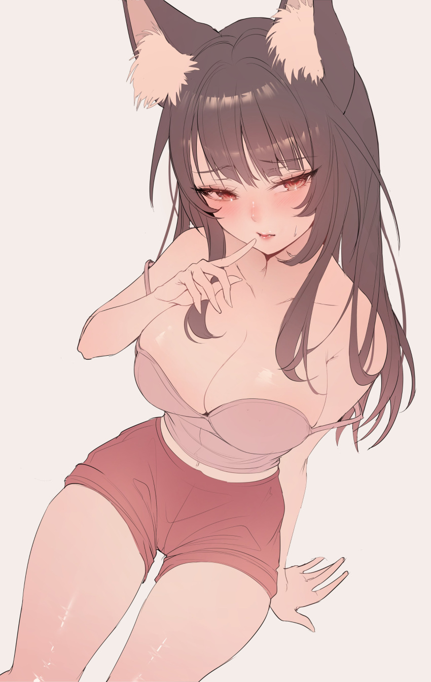 1girl absurdres animal_ears bangs bare_shoulders breasts brown_hair crop_top finger_to_mouth fox_ears fox_girl highres large_breasts lips looking_at_viewer original red_eyes shorts sitting sleeveless sweat sweatdrop tank_top thick_thighs thighs zerocat