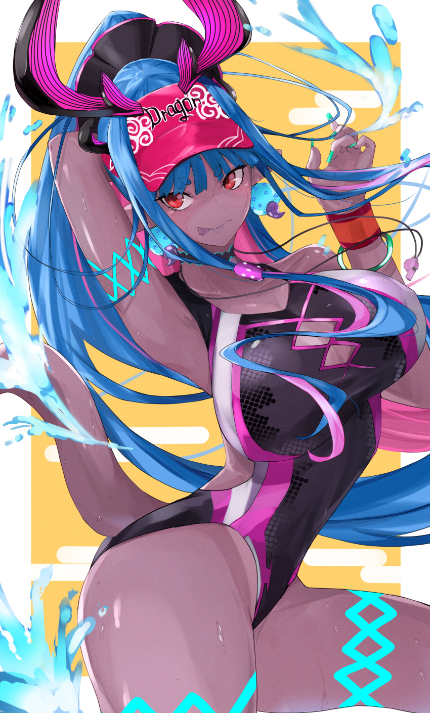 1girl absurdres arm_behind_head arm_up armpits bangs bare_shoulders black_swimsuit blue_hair blush body_markings bracelet breasts chankuro cleavage collarbone colored_skin covered_navel earrings fate/grand_order fate_(series) grey_skin hair_between_eyes highleg highleg_swimsuit highres horns ibuki_douji_(fate) ibuki_douji_(swimsuit_berserker)_(fate) jewelry large_breasts long_hair looking_at_viewer multicolored_hair one-piece_swimsuit oni oni_horns pink_hair pink_headwear pink_swimsuit pointy_ears ponytail red_eyes sidelocks smile swimsuit tail thigh_strap thighs tongue tongue_out two-tone_swimsuit visor_cap water wet whistle wristband