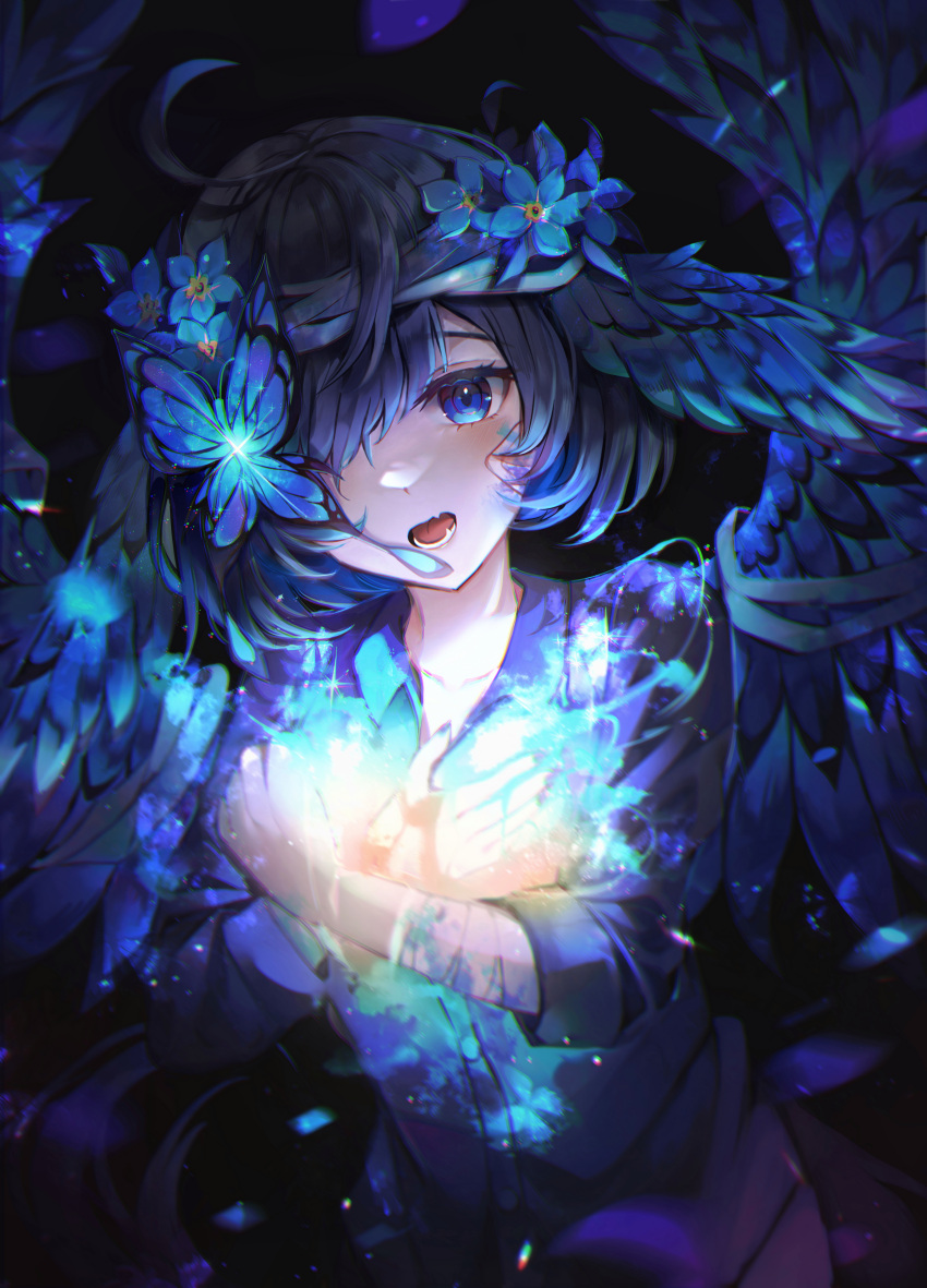 1girl absurdres ahoge bangs black_background blue_butterfly blue_eyes blue_flower blue_hair blue_nails blue_shirt blue_theme blue_wings blush bug butterfly collared_shirt crossed_arms dress_shirt fang feathered_wings flower hair_flower hair_ornament hair_over_one_eye hands_up head_wings highres long_sleeves looking_at_viewer mirage_(rairudiseu) nail_polish open_mouth original paint_splatter paint_splatter_on_face revision shirt short_hair skin_fang solo upper_body wings