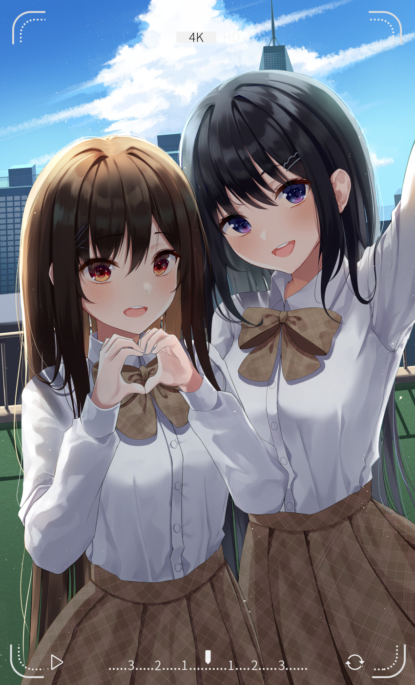 2girls absurdres arm_up black_hair blonde_hair blue_eyes blush bow bowtie breasts building cloud cloudy_sky eyes_visible_through_hair hair_ornament hairclip heart heart_hands highres kimae large_breasts long_hair long_sleeves looking_at_viewer multiple_girls open_mouth original outdoors red_eyes school_uniform shirt sky smile upper_body white_shirt yellow_eyes yellow_shirt