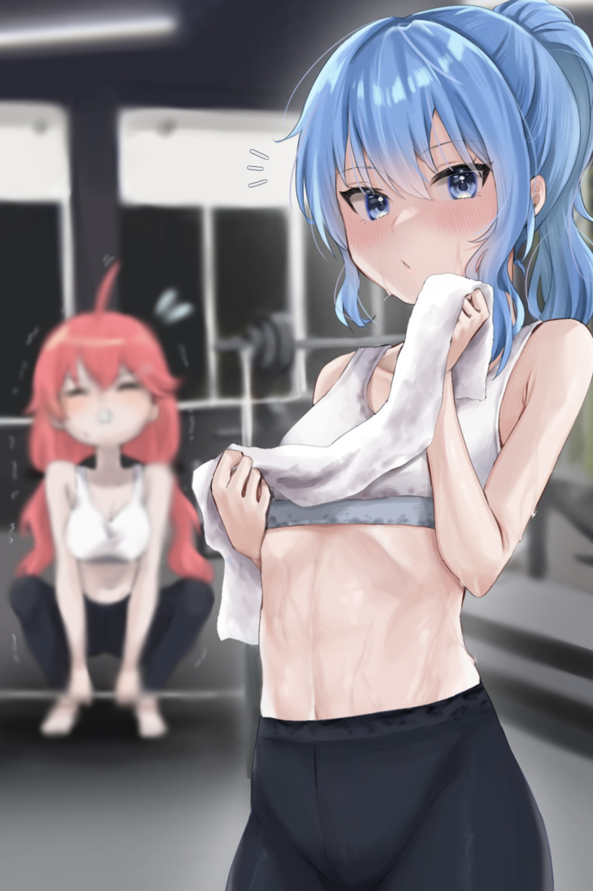 2girls abs ahoge barbell blue_eyes blue_hair blurry blush closed_eyes depth_of_field gym highres hololive hoshimachi_suisei long_hair looking_at_viewer low_twintails midriff multiple_girls navel otsu_hai18 pants ponytail red_hair sakura_miko sports_bra squatting sweat towel twintails virtual_youtuber weightlifting yoga_pants