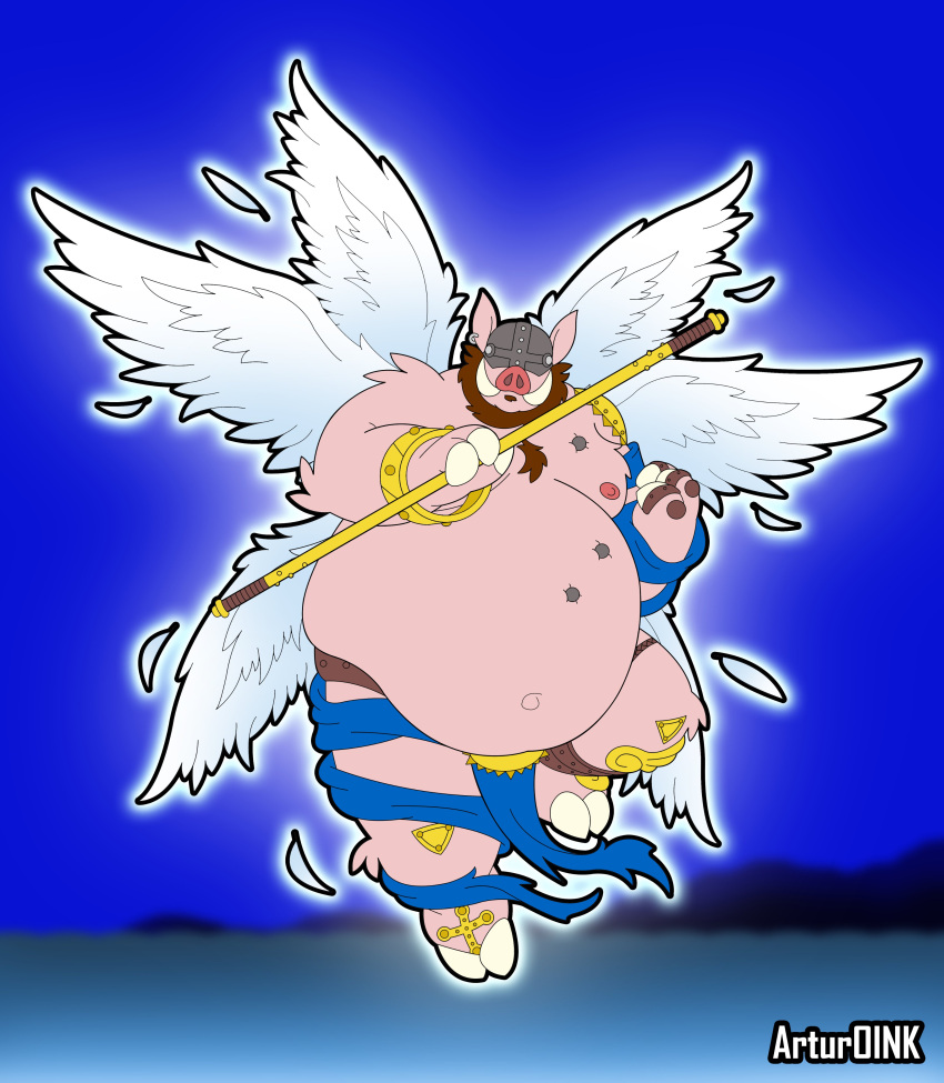 2022 absurd_res angemon anthro armor artur_oink bandai_namco belly big_belly digimon digimon_(species) domestic_pig headgear helmet hi_res male mammal moobs nipples obese obese_male overweight overweight_male solo suid suina sus_(pig) weapon wings