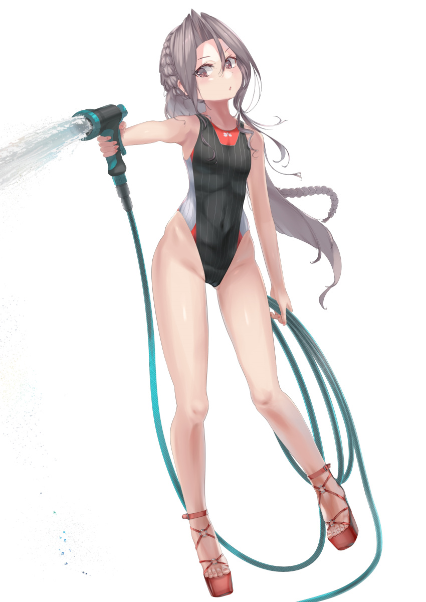 1girl absurdres alternate_costume alternate_hairstyle black_swimsuit braid breasts brown_eyes commentary_request crown_braid fei_(feikotake) grey_hair highleg highleg_swimsuit highres hose kantai_collection long_hair multicolored_clothes multicolored_swimsuit simple_background single_braid small_breasts solo standing striped striped_swimsuit swimsuit toeless_footwear water white_background zuihou_(kancolle)