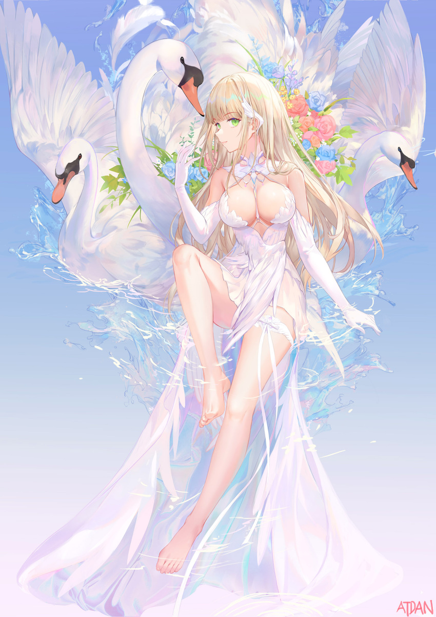 1girl absurdres artist_name atdan bangs bare_legs barefoot between_breasts bird blonde_hair breasts closed_mouth dress elbow_gloves full_body gloves green_eyes highres large_breasts long_hair looking_at_viewer original sideways_glance sleeveless sleeveless_dress solo strap_between_breasts swan very_long_hair white_dress white_gloves