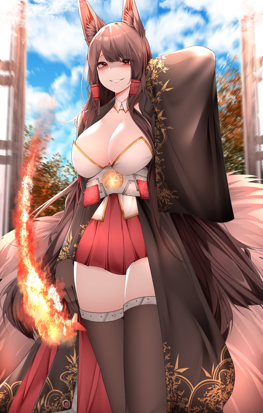 1girl absurdres akagi_(azur_lane) animal_ears azur_lane blue_sky breasts brown_hair brown_thighhighs cleavage cloud dated_commentary day fire fox_ears fox_girl fox_tail highres japanese_clothes large_breasts long_hair looking_at_viewer outdoors red_eyes red_skirt samip skirt sky smile standing tail thighhighs thighs wide_sleeves zettai_ryouiki