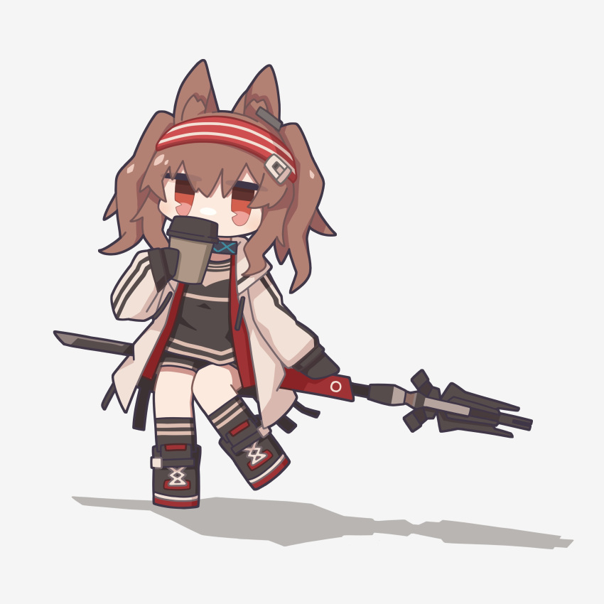 1girl absurdres angelina_(arknights) animal_ears arknights black_footwear black_shirt black_shorts black_socks brown_hair chibi coat coffee_cup cup def_aki disposable_cup earpiece fox_ears fox_girl hair_ornament hairband hairclip highres holding holding_cup holding_staff long_hair looking_at_viewer open_clothes open_coat red_eyes red_hairband shadow shirt shoes short_shorts shorts simple_background socks solo staff striped striped_hairband twintails white_background white_coat