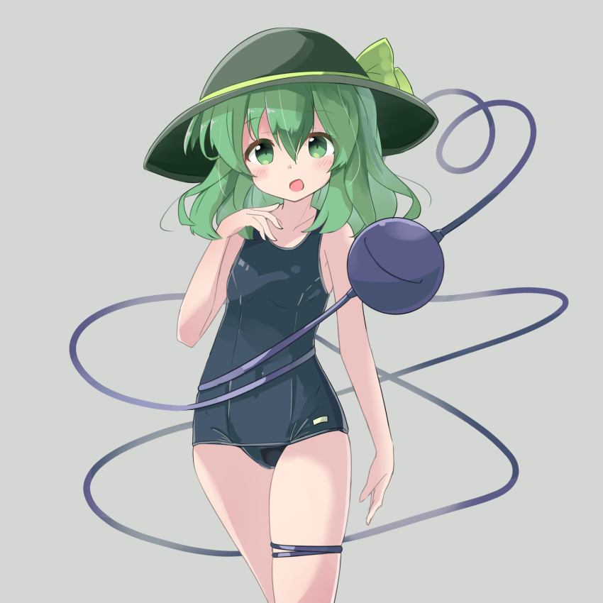 1girl bangs bare_arms bare_shoulders black_headwear black_swimsuit blush bow breasts commentary_request green_bow green_eyes green_hair grey_background hair_between_eyes hand_up hat hat_bow highres komeiji_koishi long_hair looking_at_viewer old_school_swimsuit ryogo school_swimsuit simple_background small_breasts solo swimsuit third_eye touhou