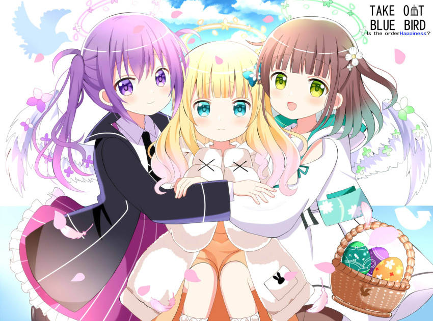 3girls :d bangs basket black_jacket black_necktie blonde_hair blue_bow blue_eyes blunt_bangs blush bow brown_hair brown_pantyhose brown_skirt closed_mouth collared_shirt commentary_request easter_egg egg english_text feathered_wings feathers feet_out_of_frame flower frilled_skirt frills gochuumon_wa_usagi_desu_ka? green_eyes hair_between_eyes hair_bow hair_flower hair_ornament halo hands_up highres hood hood_down hooded_jacket hug jacket kirima_syaro long_sleeves multiple_girls necktie pantyhose puffy_long_sleeves puffy_sleeves purple_eyes purple_hair purple_skirt ryoutan shirt sitting skirt sleeves_past_fingers sleeves_past_wrists smile socks striped striped_skirt tedeza_rize twintails two_side_up ujimatsu_chiya vertical-striped_skirt vertical_stripes wavy_mouth white_feathers white_flower white_jacket white_shirt white_socks white_wings wings