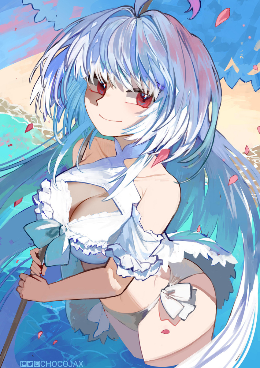 1girl ahoge bangs bare_shoulders beard bikini bracelet breasts chocojax cleavage closed_mouth collarbone commentary facial_hair fate/grand_order fate/prototype fate_(series) feet_out_of_frame flower frilled_bikini frilled_swimsuit frills highres holding holding_umbrella jewelry long_hair looking_at_viewer medium_breasts merlin_(fate/prototype) merlin_(fate/prototype)_(swimsuit_pretender) merlin_(fate/prototype)_(swimsuit_pretender)_(second_ascension) navel official_alternate_costume parasol petals pink_flower red_eyes shore smile solo swimsuit thighs twintails umbrella very_long_hair wading water white_bikini white_hair white_swimsuit white_umbrella