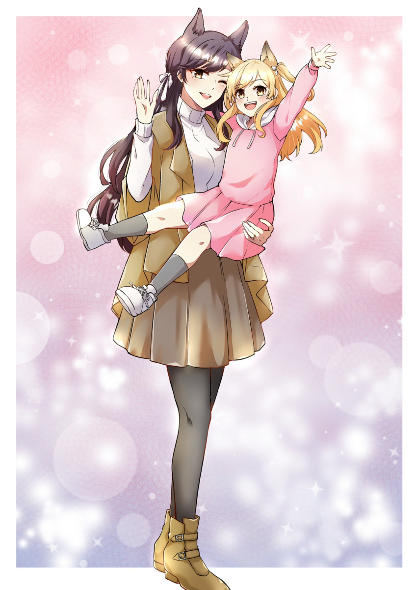 2girls animal_ears artist_request atago_(azur_lane) azur_lane blonde_hair brown_eyes brown_footwear brown_hair brown_jacket brown_skirt commission dog_ears dress english_commentary fox_ears hair_ribbon happy highres hood hoodie jacket jewelry long_hair long_sleeves mother_and_daughter multiple_girls pantyhose pink_dress ribbon ring shirt skirt teeth upper_teeth wedding_band white_footwear white_ribbon white_shirt