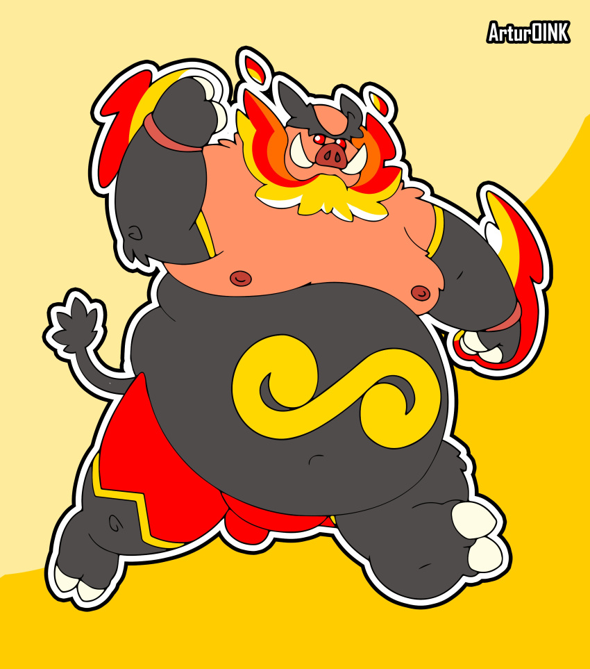 2022 absurd_res anthro artur_oink belly big_belly biped black_body emboar hi_res male moobs navel nintendo nipples obese obese_male orange_body overweight overweight_male pok&eacute;mon pok&eacute;mon_(species) red_body solo video_games