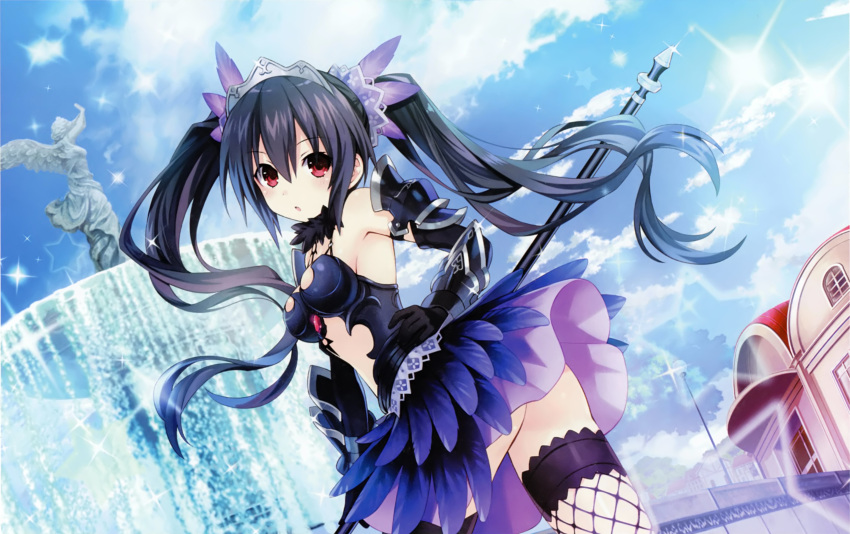 1girl absurdres alternate_costume armor armored_dress bare_shoulders black_hair breasts day fantasy fountain four_goddesses_online:_cyber_dimension_neptune gloves hair_ornament highres long_hair looking_at_viewer medium_breasts neptune_(series) noire_(neptune_series) red_eyes sky solo thighhighs tsunako twintails zettai_ryouiki