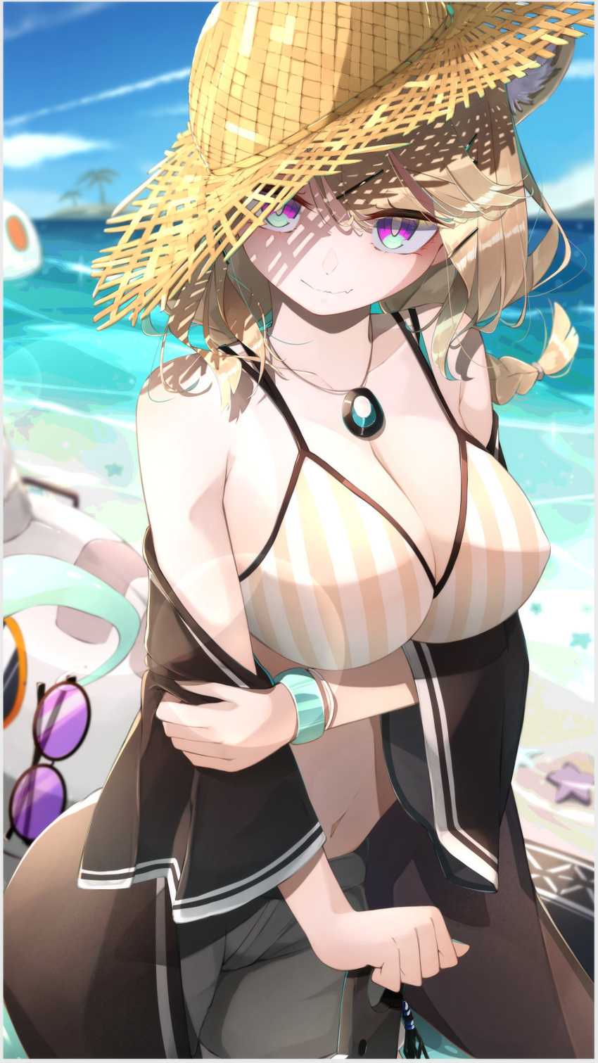 1girl absurdres arknights beach bikini black_jacket black_shorts blue_sky border braid breasts brown_footwear brown_headwear cleavage eyewear_removed fang hat highres holding holding_with_tail jacket jewelry kakakaeru large_breasts light_brown_hair long_hair looking_at_viewer necklace off_shoulder official_alternate_costume open_clothes open_jacket outdoors prehensile_tail purple-tinted_eyewear purple_eyes shorts skin_fang sky solo straw_hat striped striped_bikini sun_hat sunglasses swimsuit tail tinted_eyewear utage_(arknights) utage_(summer_flowers)_(arknights) white_border