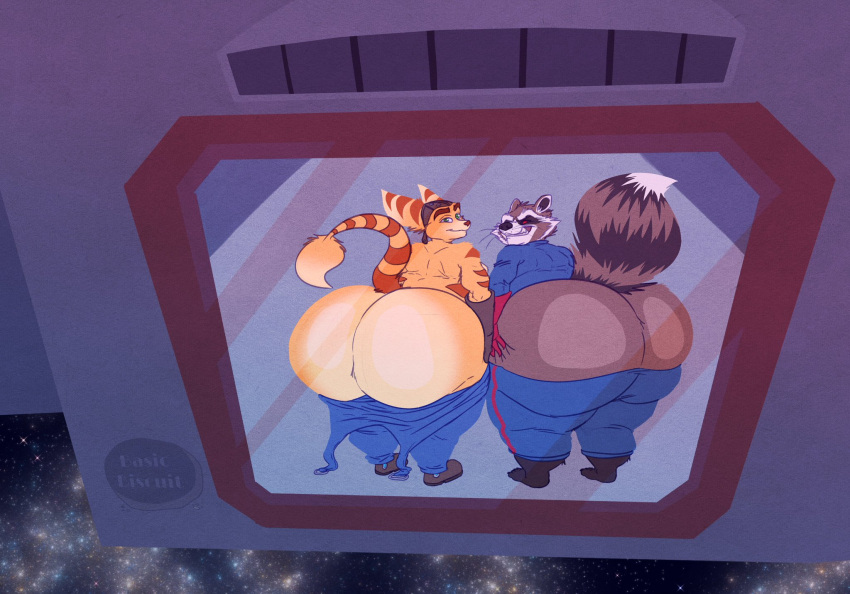 against_surface alien anthro ass_on_glass basicbiscuit big_butt butt clothed clothing duo glass guardians_of_the_galaxy hi_res huge_butt lombax looking_at_viewer male male/male mammal marvel mooning on_glass partially_clothed procyonid raccoon ratchet ratchet_and_clank rocket_raccoon sony_corporation sony_interactive_entertainment video_games